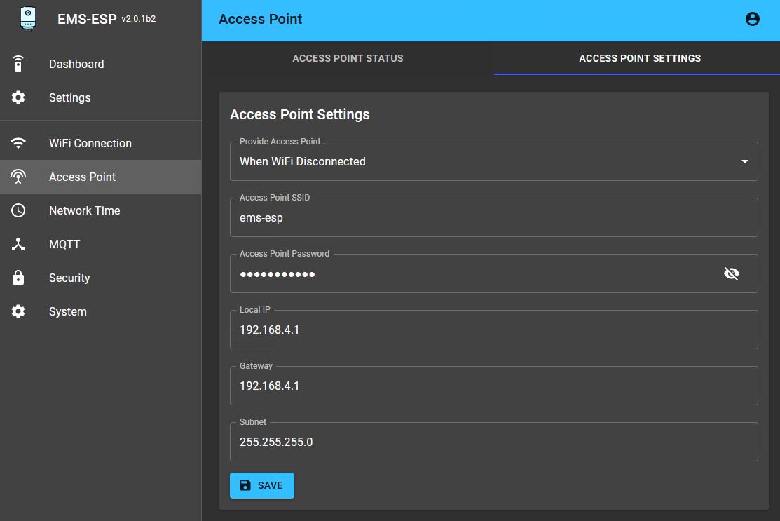 Web interface Access point Settings tab