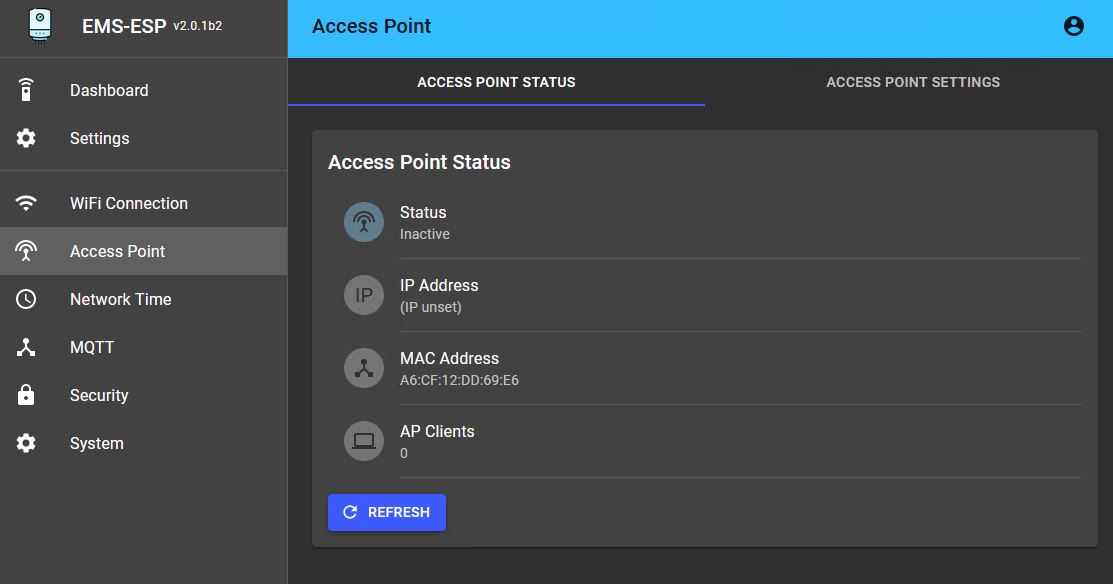 Web interface Access point Status tab