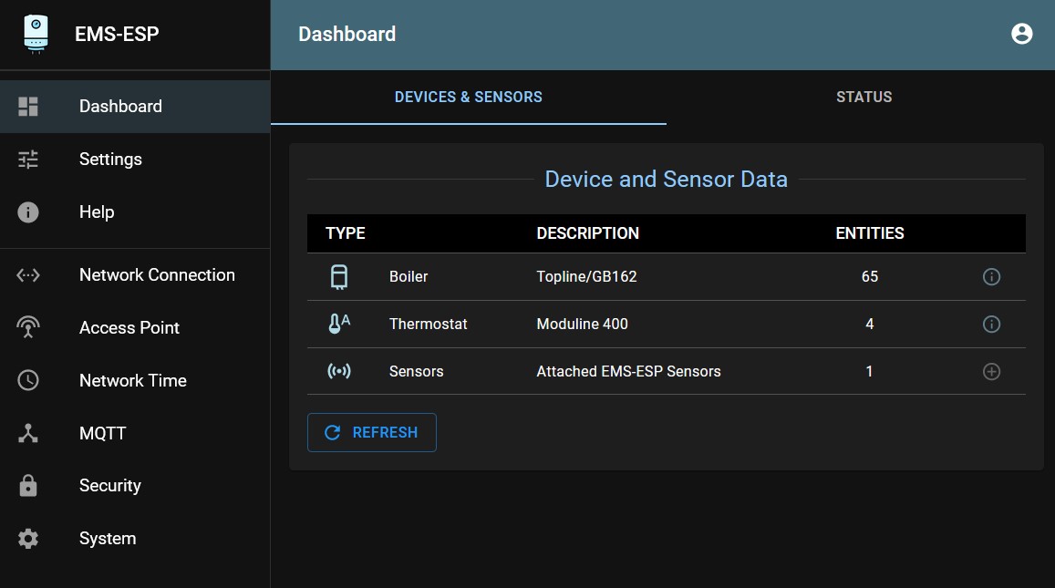Web interface Devices and Sensors tab