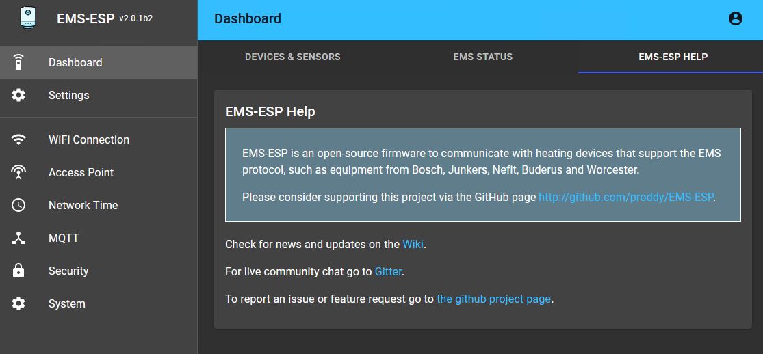 Web interface EMS-ESP Help tab