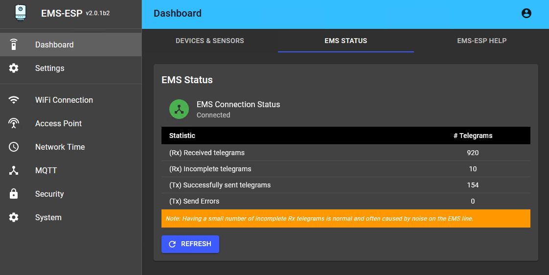 Web interface EMS Status tab