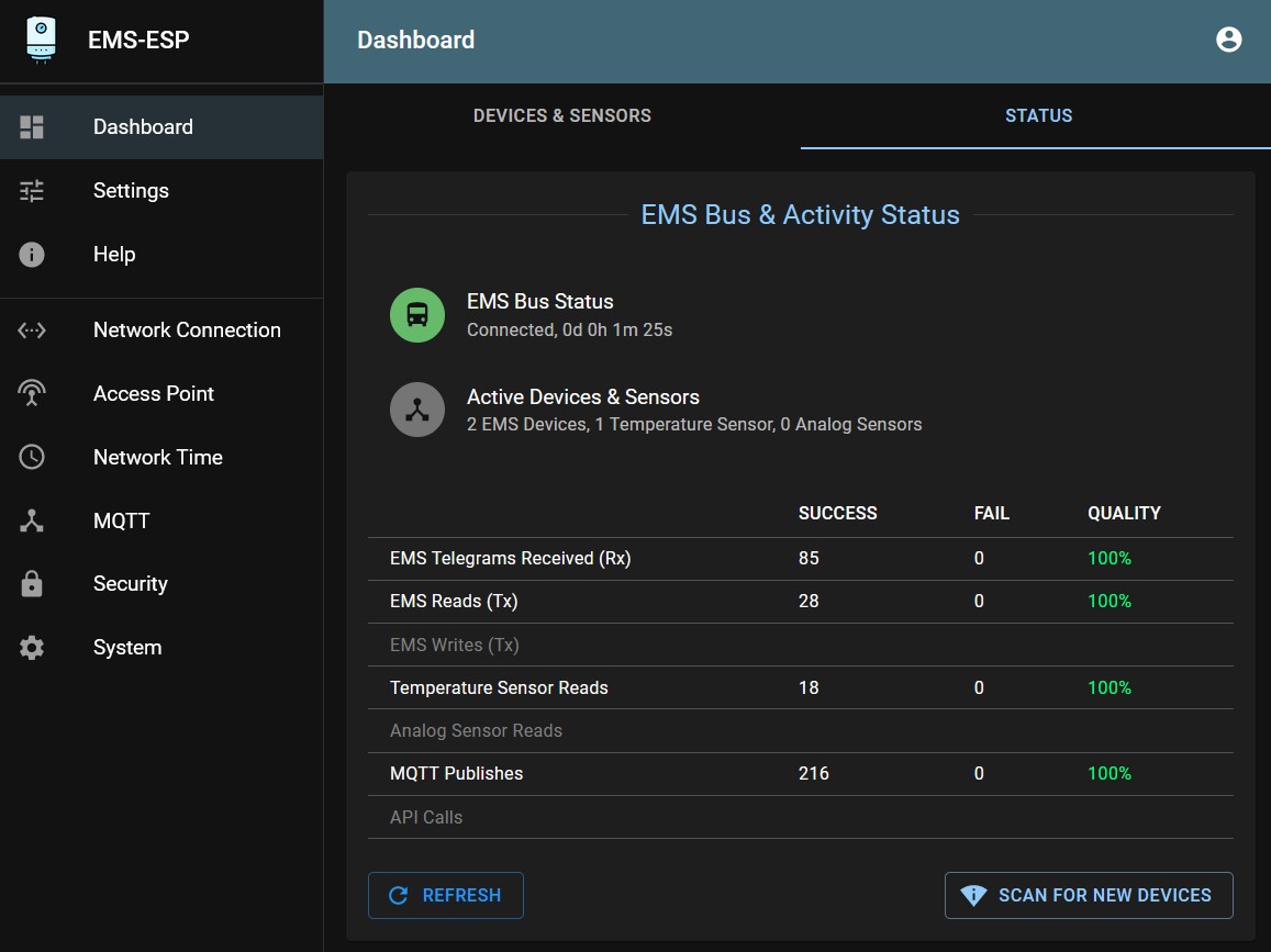 Web interface EMS Status tab