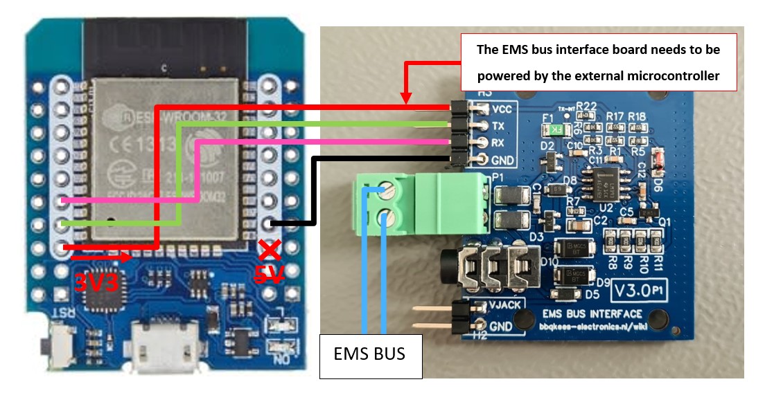 EMS interface board connection to ESP32 D1 Mini