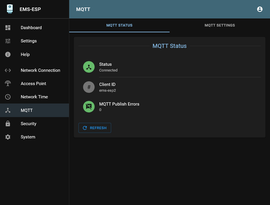 Web interface MQTT Status tab