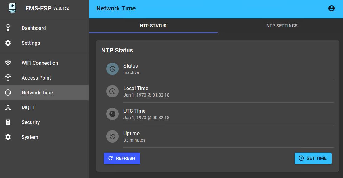 Web interface NTP Status tab