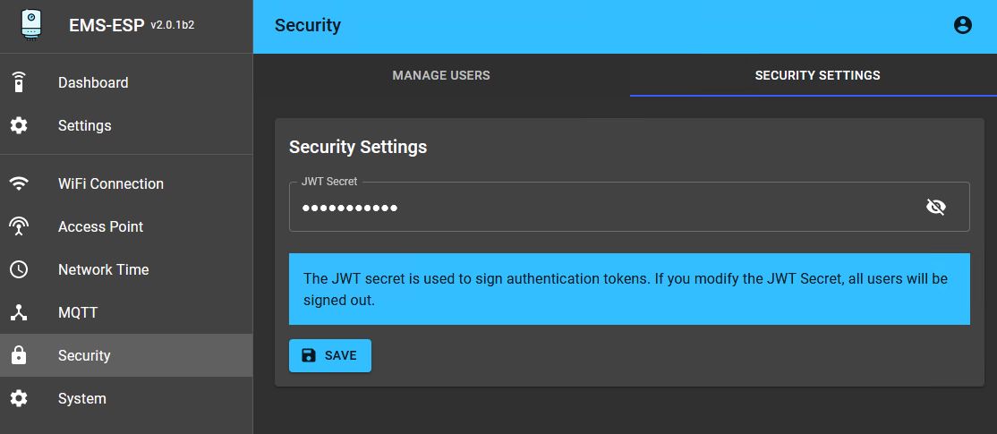 Web interface security settings tab