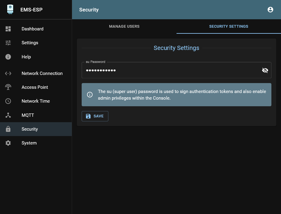 Web interface security settings tab
