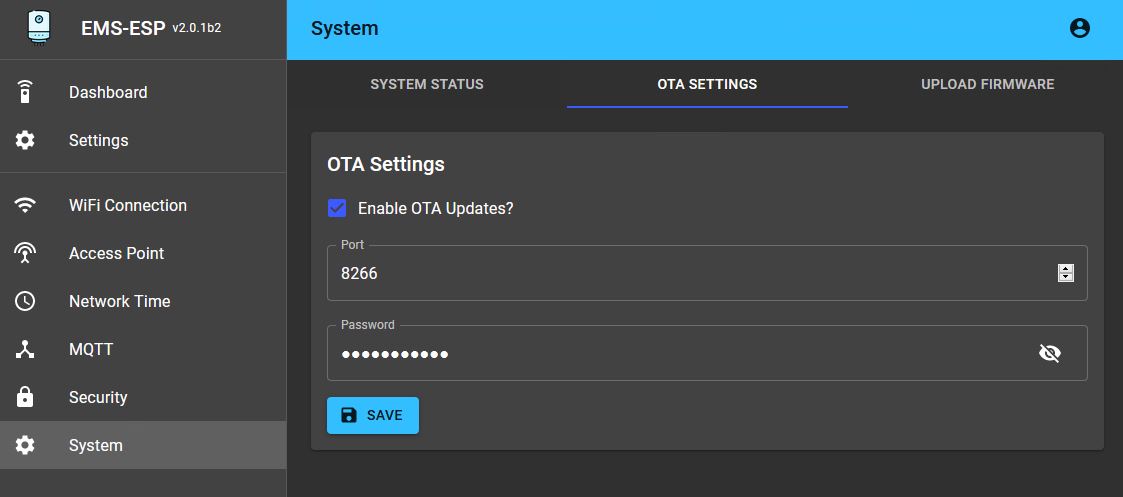 Web interface OTA settings tab