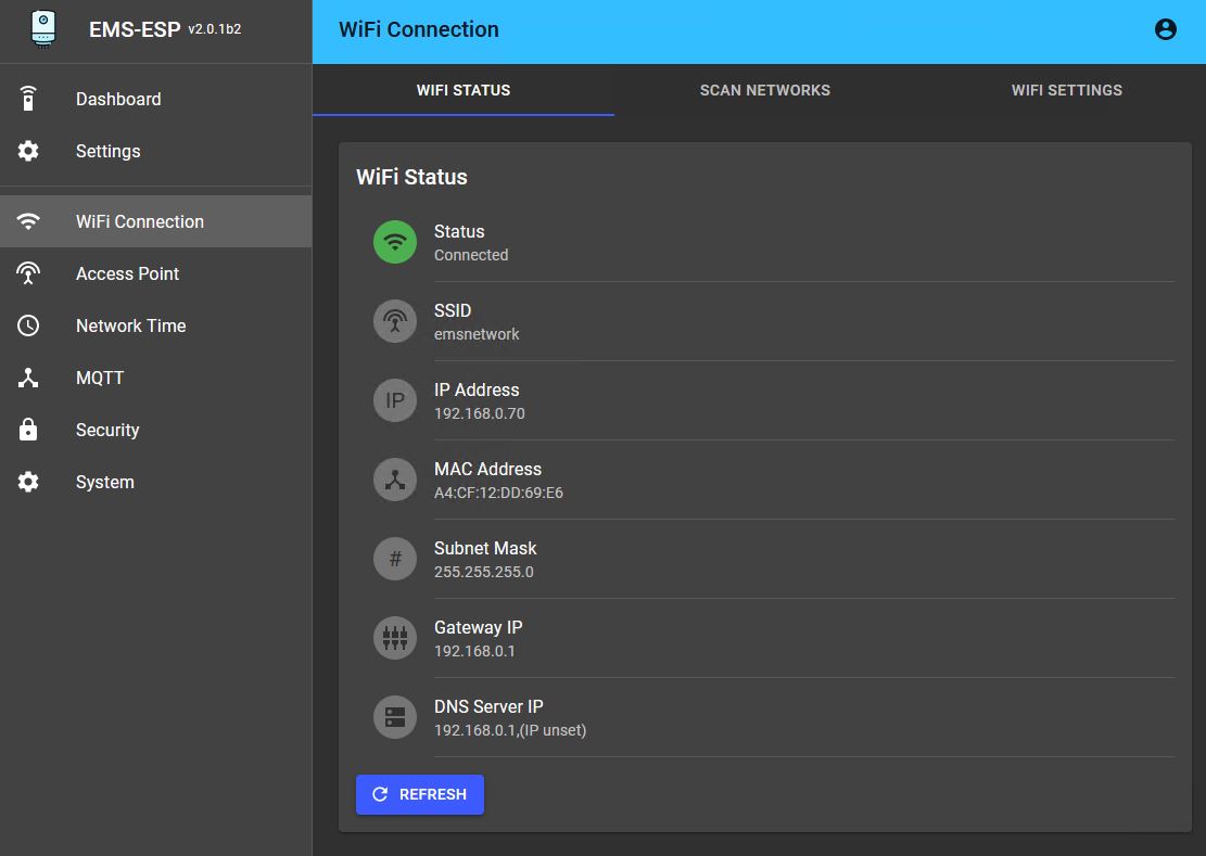 Web interface WiFi status tab