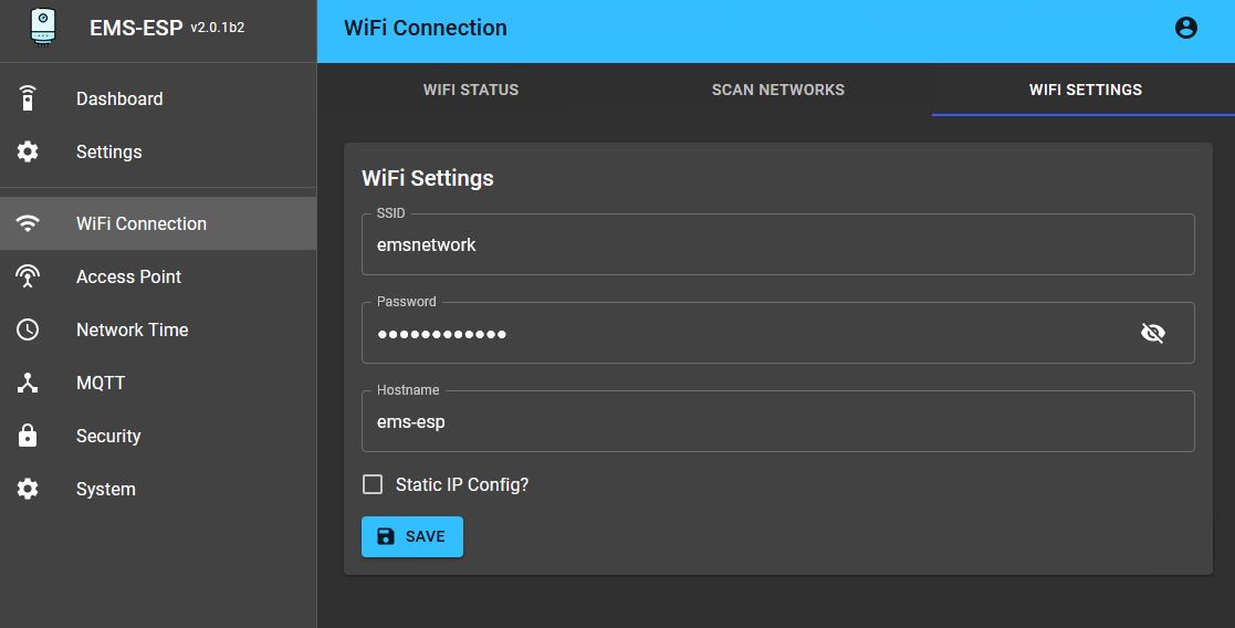 Web interface WiFi Settings tab