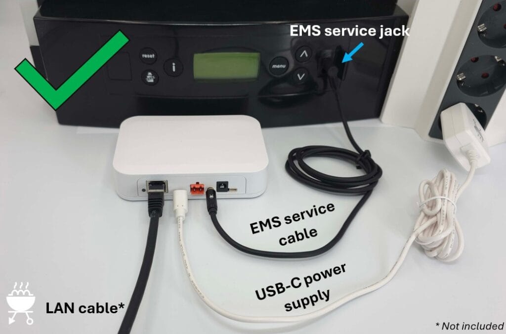 EMS E32 V2 Gateway connected to boiler via EMS service jack + permanent power supply (USB-C) + LAN