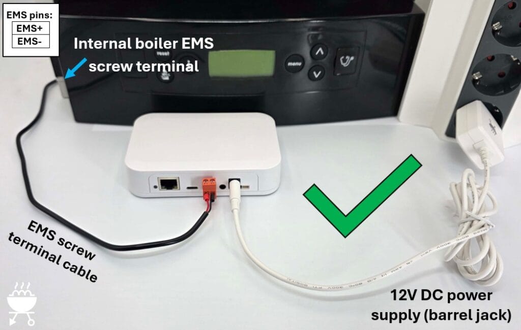 EMS E32 V2 Gateway connected to boiler via EMS screw terminals + permanent power supply + WiFi